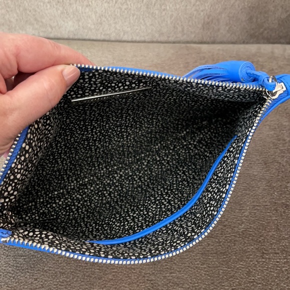 Loeffler Randall Large Blue Leather Zip Top Tassel Pouch Clutch Bag Bright Blue - Picture 3 of 8